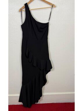 Lulus One-Shoulder Black Ruffle Midi Dress Asymmetrical Hem Formal Cocktail L